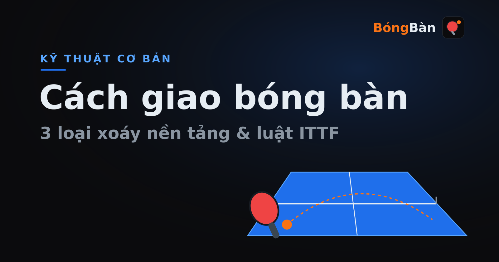 Sơ đồ bàn bóng bàn với quỹ đạo bóng cam qua lưới và vợt đỏ, tiêu đề Cách giao bóng bàn